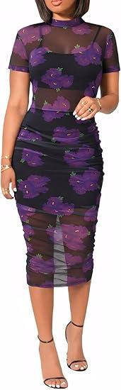 Mojessy Sheer Dress for Women Sexy Short Sleeve Ruched Mesh Bodycon Dress Adjustable Strap Top Mini Skirt 3 Piece Outfits Set, Floral Purple, M