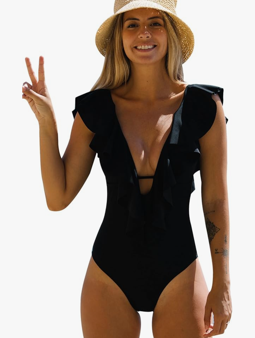 SPORLIKE Women One Piece Swimsuit V-Neck Ruffle Bathing Suit Padded Monokini S