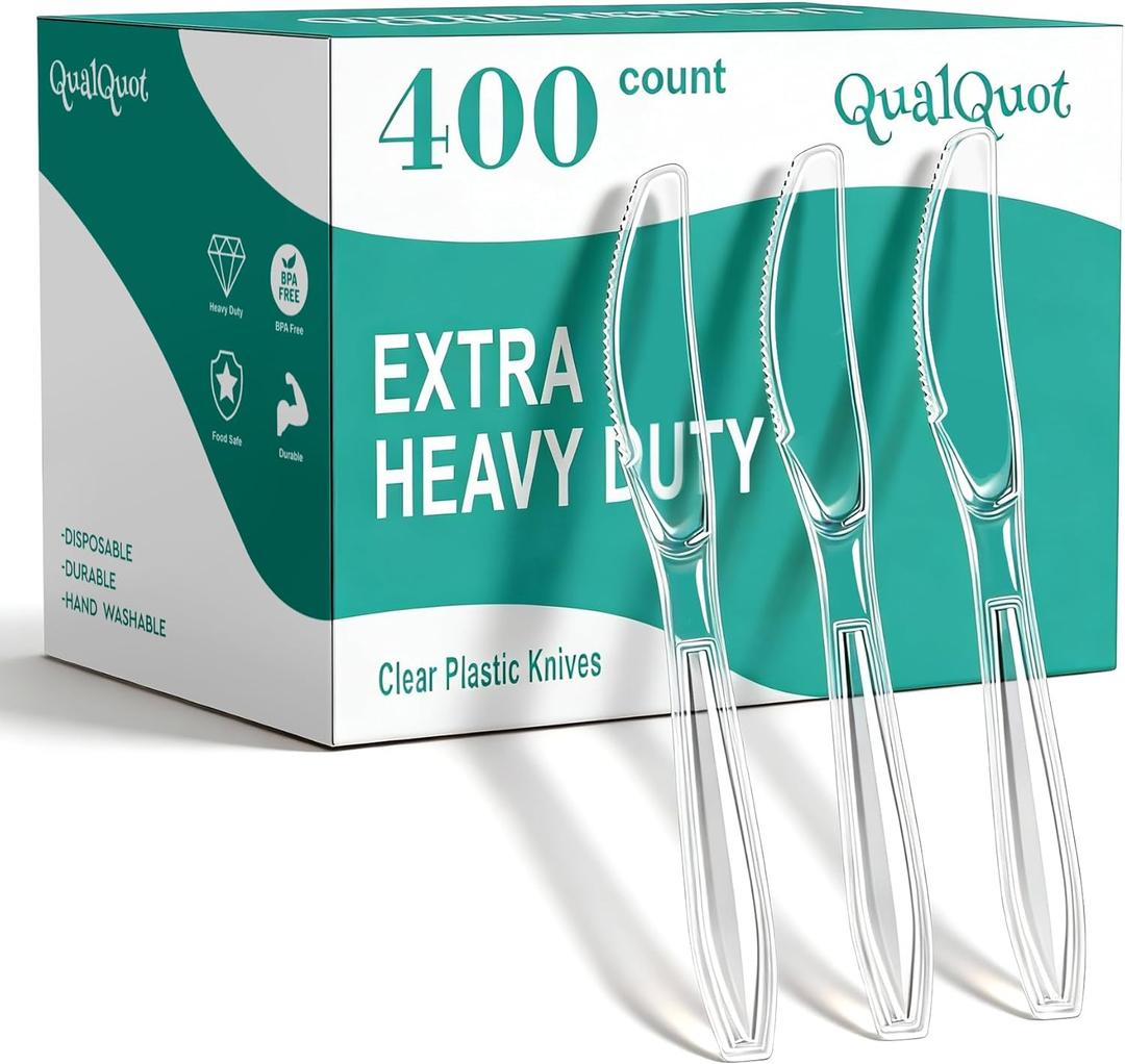 400 Count Heavy Duty Clear Plastic Knives, Solid and Durable Disposable Knives, BPA-Free and Heat Resistant, Premium Disposable Knive for Daily Use and Party