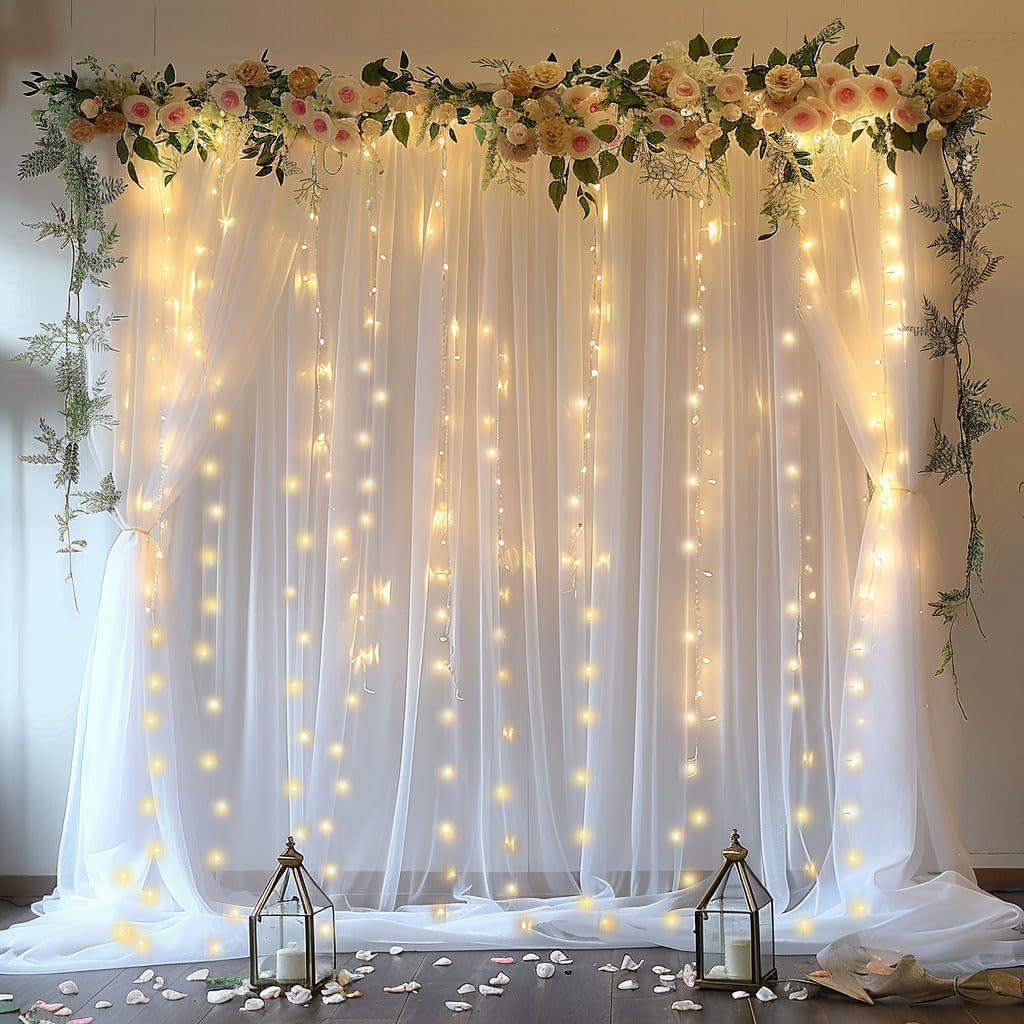 ESGOTBME 10x10ft White Tulle Backdrop Curtain with Lights String for Wedding Parties Sheer Curtain Backdrop for Birthday Party Bridal Baby Shower Photography Background Home Decoration