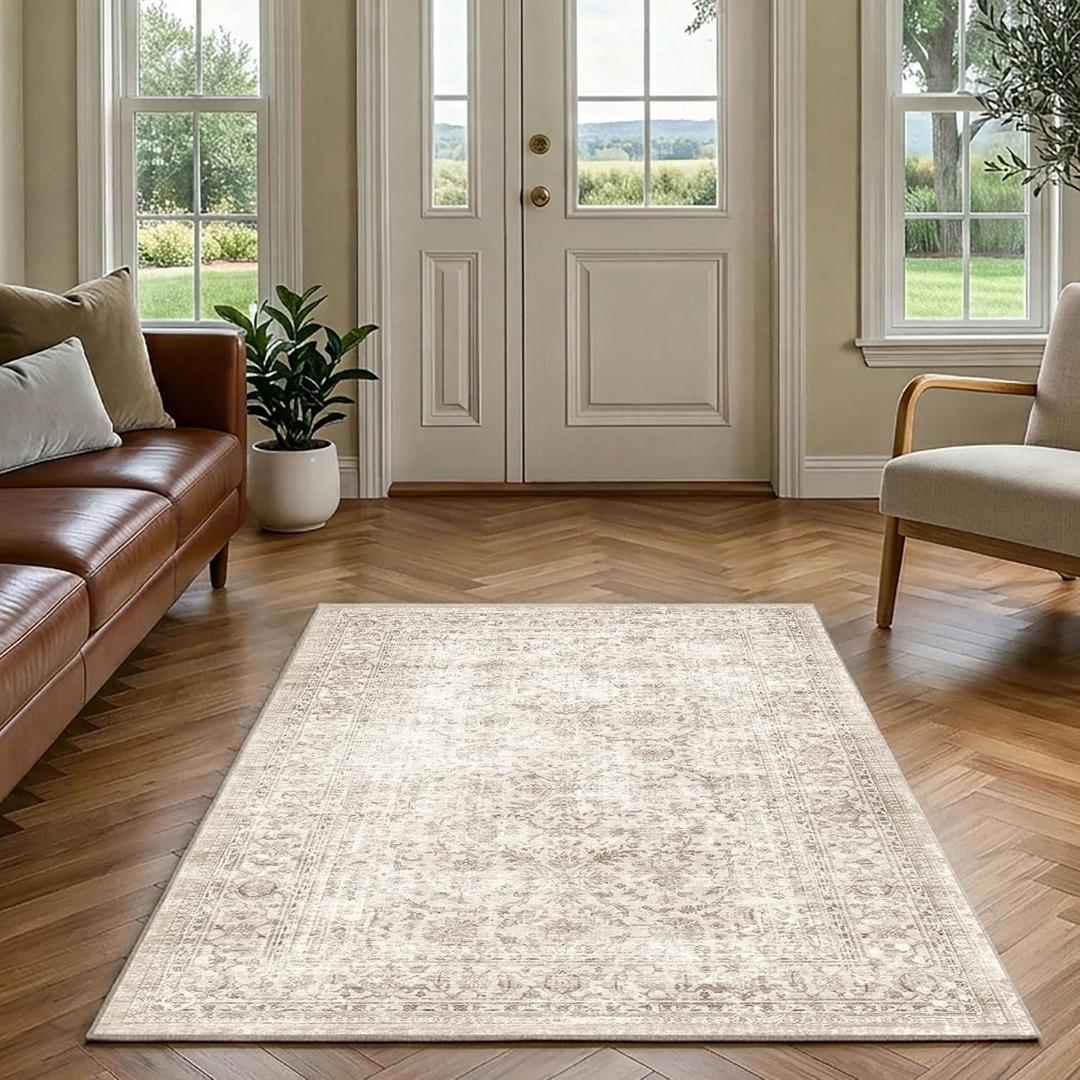 FMFUNCTEX 3x5 Washable Area Rug Beige Vintage Neutral Non Slip Low Pile Traditional Retro Indoor Carpet for Entryway Entrance Soft Floral Throw Rug Living Room Bedroom Kitchen Dining Office Laundry