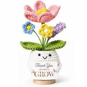 MHSMHL Thank You Gifts for Women, Handmade Crochet Tulip Flower, “Thank You for Helping Me Grow” Meaningful Appreciation Gift for Teacher Mom Friend Coworker Boss, Inspirational Birthday