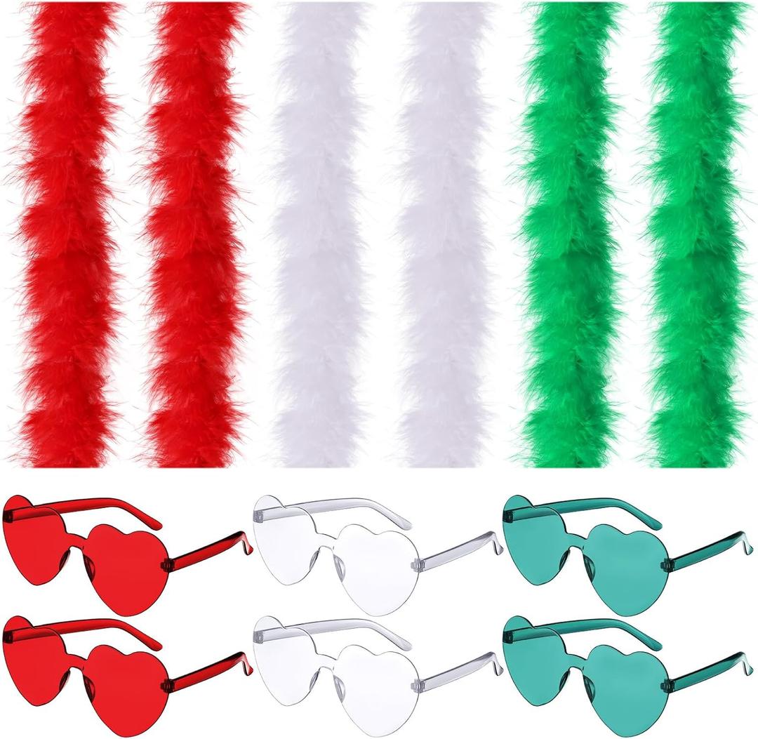 Yunsailing 6 Pcs Feather Boa 6ft Mardi Gras Boas Red Green White Boas for Party Bulk, 6 Pcs Heart Sunglasses Clear Rimless Heart Glasses Boa Costume for Women Girls Carnival Party Favors Decorations