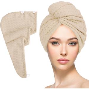 Microfiber Hair Drying Towel with Button 1Pack Khaki Waffle Long Hair Head Wraps Twist Plopping Curly Shower Turban Terry Cloth Fast Absorbent Dry Anti Frizz Hair Wraps for Women Wet Hair