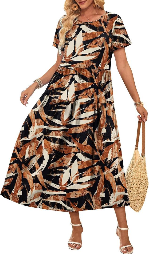 OFEEFAN Maxi Dress Casual Dresses for Women Crew Neck Short Sleeve Tiered Dress with Pockets