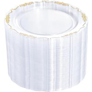DaYammi 60PCS Clear Plastic Plates Heavy Duty Clear Disposable Plates 7.5 Fancy Gold Dessert Platos Small Cake Plates Appetizer Platos Hard Round Plastic Disposable for Wedding and Party