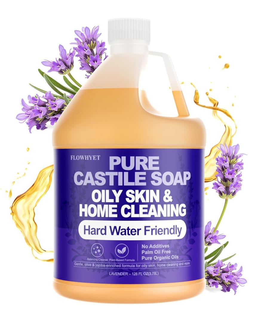 FLOWHYET 1 Gallon Lavender Liquid Castile Hand Soap Refill, Pure Natural Organic For Oily Skin, Hand, Bath, Body, Laundry, Dishes, Home Cleaning Vegan Hard Water Friendly - Lavender 128 Fl Oz