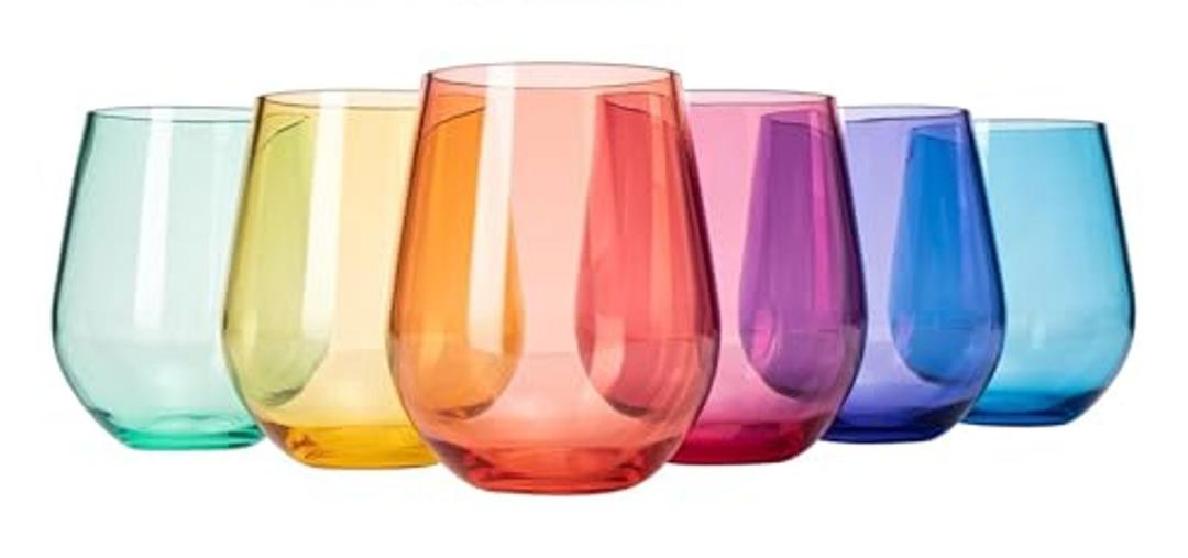 European Style Plastic Crystal Unbreakable Stemless Wine Glasses | Set of Only 7 Acrylic Glasses Tritan Bright Color Shatterproof BPA-free, Outdoor, Pool, Indoor, Hand Wash 15oz Gift, Everyday & Holiday