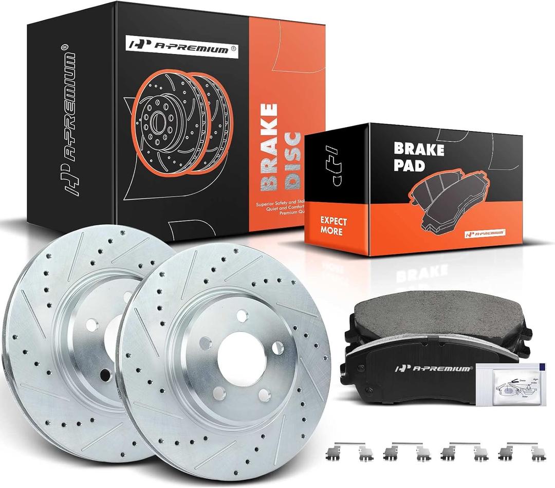 A-Premium 12.6 in (320 mm) Front Drilled and Slotted Disc Brake Rotors + Ceramic Pads Kit Compatible with Select Chrysler and Dodge Models - 300, Challenger, Charger, Magnum, 6-PC Set