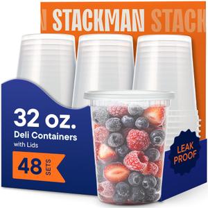 Stack Man 32 oz Deli Containers with Lids (48 Sets) Quart Clear Plastic Food Storage Containers, Airtight Leak-Resistant Seal, BPA-Free, Microwave & Freezer Safe, Meal Prep Soup Takeout To-Go