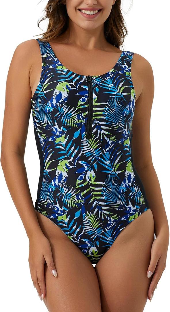 ECUPPER Women One Piece Tank Swimsuit Tummy Control Zipper Monokini Swimwear Vintage Floral Shaping Bathing Suit Built in Bra Green 10