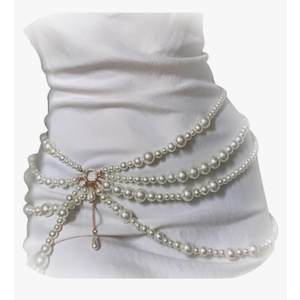 Multi Layered Long Metal Big Pearl Waist Chain Belt Trendy Waistband White Pearl Tassel Hip Belly Body Chain Festival Rave Waist Belt Sweater Dress Belt for Women (Silver)