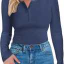 Long Sleeve Shirts for Women, Casual Solid Henley Tops Button Down Shirts, V Neck Blouses Basic Ribbed Knit Shirts for Party (Large, Blue)