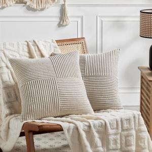 Fancy Homi 2 Packs Neutral Taupe Decorative Throw Pillow Covers 18x18 Inch for Living Room Couch Sofa, Rustic Farmhouse Boho Home Decor, Soft Corss Corduroy Patchwork Textured Square Cushion Case 45cm