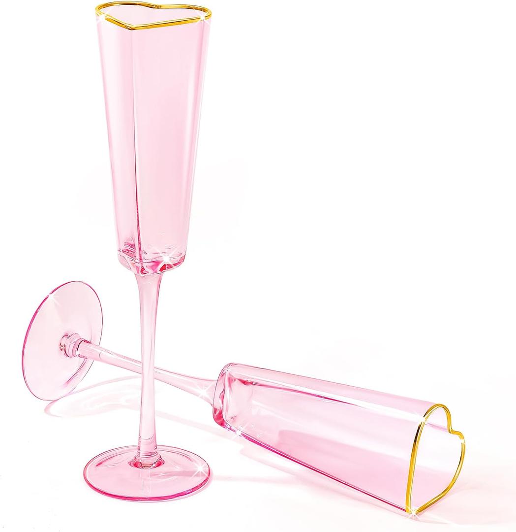 2 Pack Wedding Heart Shaped Champagne Flutes Pink Coupe Martini Glasses Cocktail Toasting Glasses Wine Cups with Gold Rim for Bridal Shower Celebrations Girl Birthday Party Supplies(Retro)