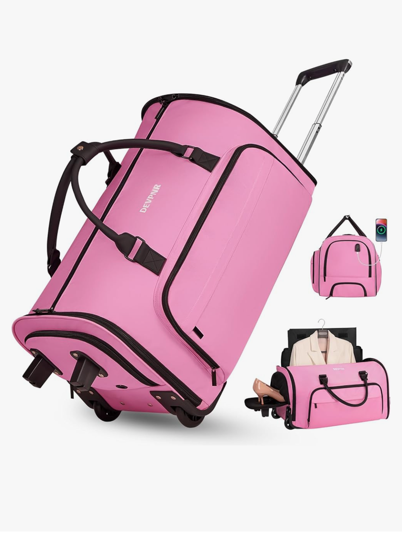 Rolling Garment Bags for Travel, 59L Rolling Duffle Bag with Wheels and Shoe Compartment for Men and Women, 3 in 1 Carry on Convertible Travel Garment Bag with Wheels, Pink