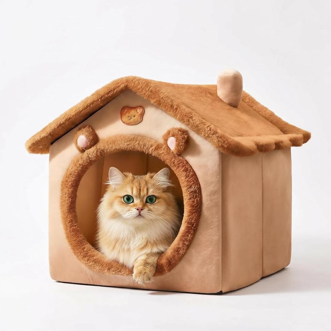 Cat Bed Cave, Cute Bear Shape Cat Beds for Indoor Cats, Pet House Cats Tent with Removable Cushion Pillow for Kittens Puppy Small Dogs (Brown-M, 18 * 14.6 * 15.7in)