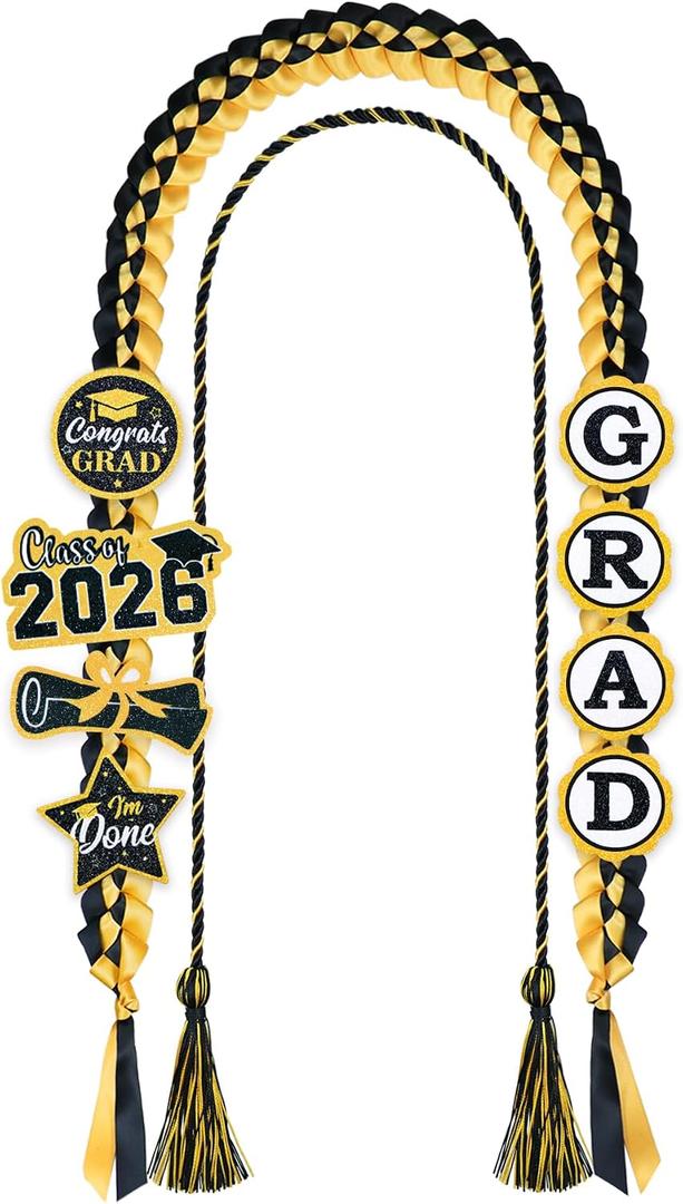 Graduation Leis 2026 and Cords, Grad Money Leis with 8 Grad Glitter Patches for Graduation Party Decorations (Black & Gold)