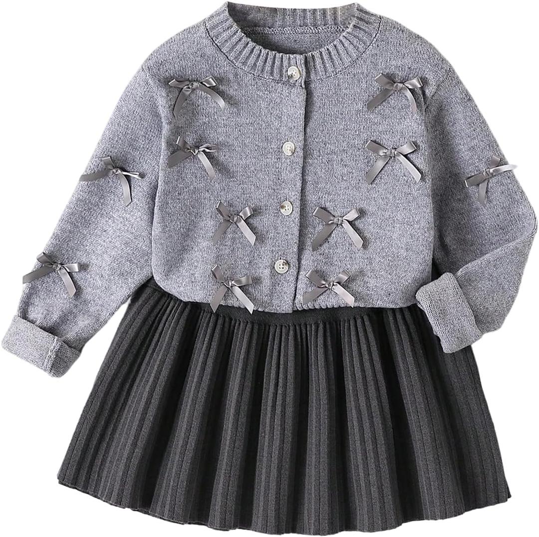 WDIRARA Girl's 2 Piece Cute Knit Fall Outfits Bow Cardigan and Pleated Knit Skirt Sets (S)