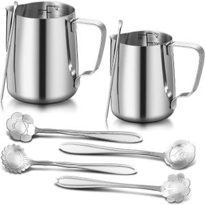 Irenare 2 Pcs Milk Frothing Pitcher 12 Oz and 20 Oz Stainless Steel Milk Frother Cup with 4 Floral Dessert Coffee Spoons 2 Decorating Art Pens Espresso Accessories Set for Kitchen Cafe Bar(Silver)