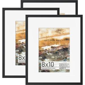 8x10 Picture Frame, Aluminum 8x10 Frame Matted to 5x7, 8 x 10 Photo Frame with High Definition Plexiglass, Metal 8 x 10 Picture Frame for Wall or Tabletop Display, Wall Hook Included (Black, Pack of 3)