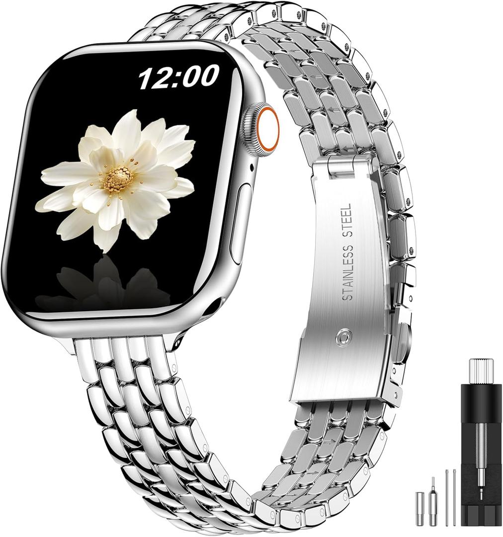 MioHHR Slim Metal Bands Compatible with Apple Watch Band 38mm 40mm 41mm 42mm (Series 10), Thin Chain Stainless Steel Strap Bands for Women iWatch Series 10 9 8 7 6 5 4 SE 3 2 1, Silver