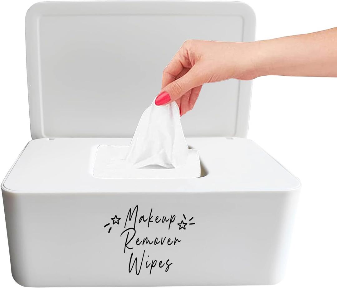 Moorfowl Makeup Remover Wipes Container,7.28" L * 4.80" W * 2.75" H, Makeup Wipes Holder Dispenser Chic for Bathroom Vanity Dressing Table (White)
