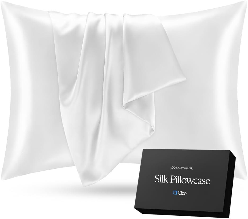 Silk Pillowcase for Hair and Skin  100% Mulberry Silk Pillowcase Standard Size, Soft Smooth Anti Frizz Beauty Sleep Pillow Case (White) | Cleo Health & Beauty