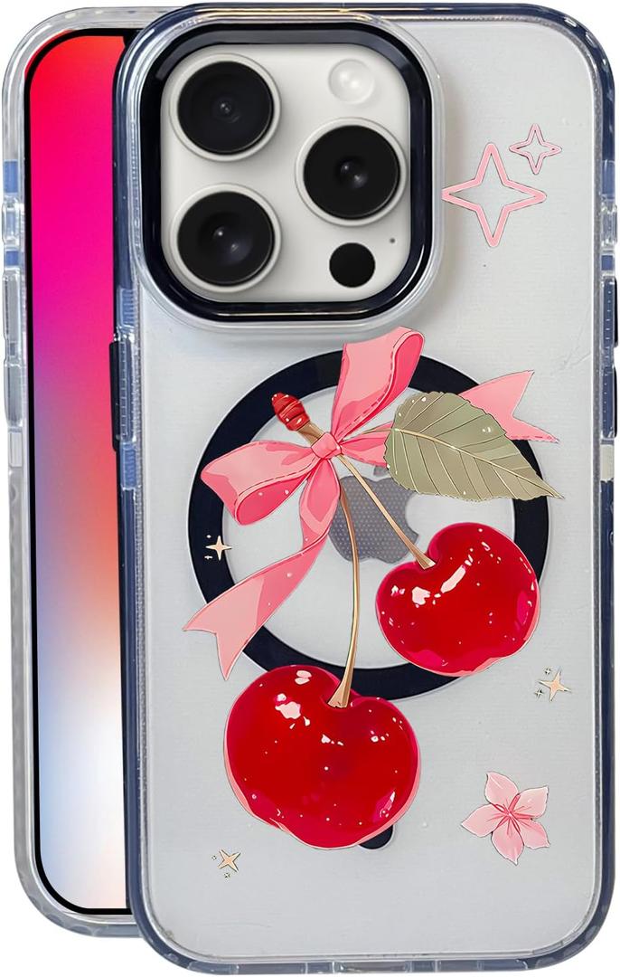 Big Cherry Bow for iPhone 15 Pro Case, MagSafe Compatible, Matte Soft Slim Shockproof Cover, Anti-Fingerprint, Anti-Yellowing, Anti-Scratch Back, Magnetic Phone Case for Women, Girl, Cute, Girly, Clear