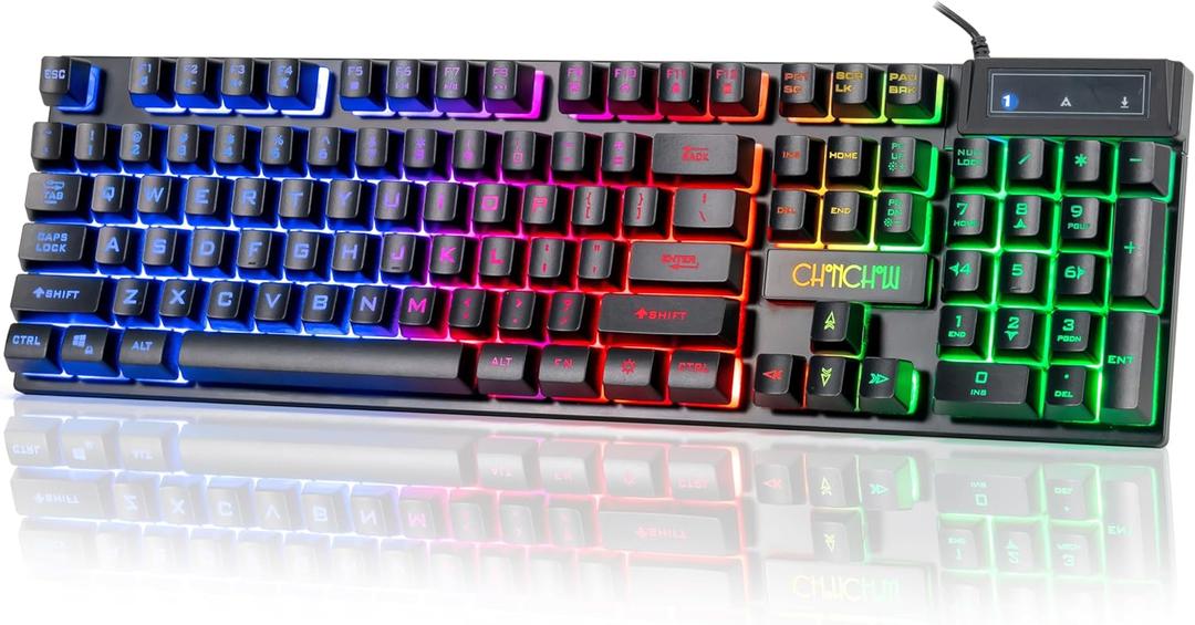 CHONCHOW Wired Gaming Keyboard, 104 Keys Full Size, with Anti-Ghosting and Multimedia Keys, LED Backlit Light Up Keyboard for PC Mac Laptop Desktop, Gaming or Office