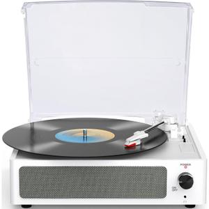 Vinyl Record Player with Speakers Turntable Belt-Driven Turn Table Support 3-Speed 3 Size BT Wireless Playback Headphone AUX-in RCA Line LP Phonographs Audio for Beginner Classic Pure White