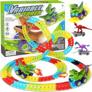96pcs Dinosaur Train Set, Dinosaur Toys, Dinosaur Car Toy 360 Electric Climbing Race Tracks with Sound and Lights, Dinosaur Toys for Living Room, Bedroom, Girls and Boys