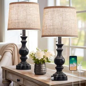 Table Lamps for Bedroom Set of 2 Farmhouse Bedside Lamps for Nightstand with USB C+A Charging Ports, Vintage Traditional Side Table Lamps for Living Room - Bulbs Not Included