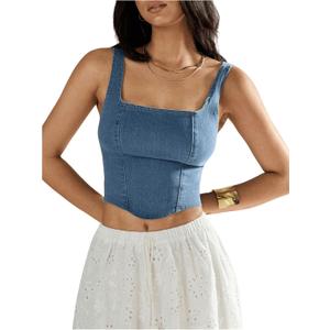 SHENHE Women's Denim Tank Top Sleeveless Square Neck Backless Slim Fit Y2k Crop Top (Blue, M)
