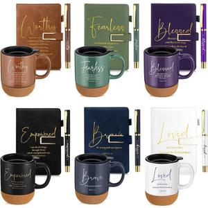 FillTouch Motivational Christian Gifts for Women Men 15 oz Bible Verse Ceramic Coffee Mug A5 Journal Pen Religious Gift Set for Church Teacher Mom Dad Father Day(6 Set,Dark Color,Classic)