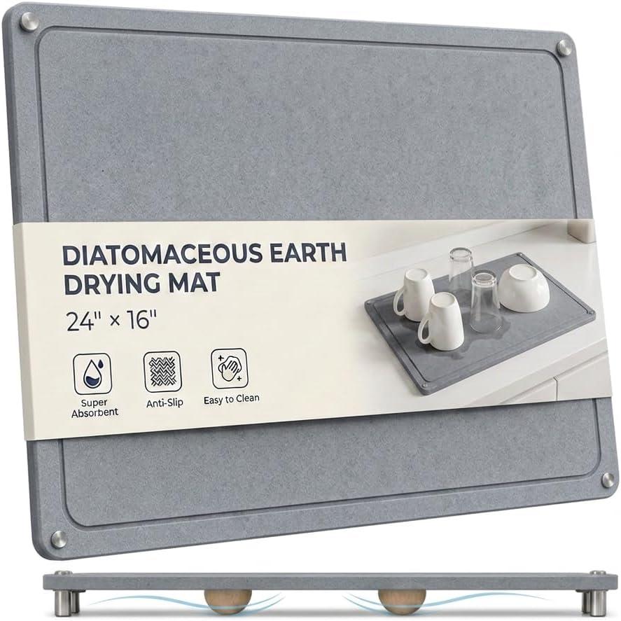 Large Diatomaceous Earth Stone Dish Drying Mats for Kitchen Counter,24"16",Quick Drying,with 4 Non-Slip Stainless Steel Feet, Suitable for Various Countertops, Bowl Racks, Medium Gray
