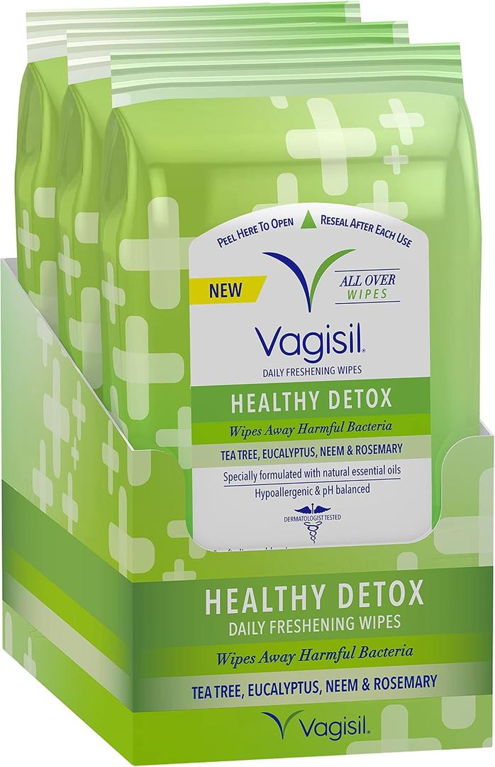 Vagisil Wipes for All Over Cleaning, Health Detox, Formulated with Essential Oils, 20 Wipes in a Re-Sealable Pouch (Pack of 3)