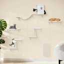 Meecal 6-in-1 Cat Wall Shelves, Wall-Mounted Cat Furniture for Indoor Kittens, Modern Floating Shelves with Scratching Posts, Bed, Perch, Bridge, Condo, Steps and Scratcher, Space-Saving Gym, White