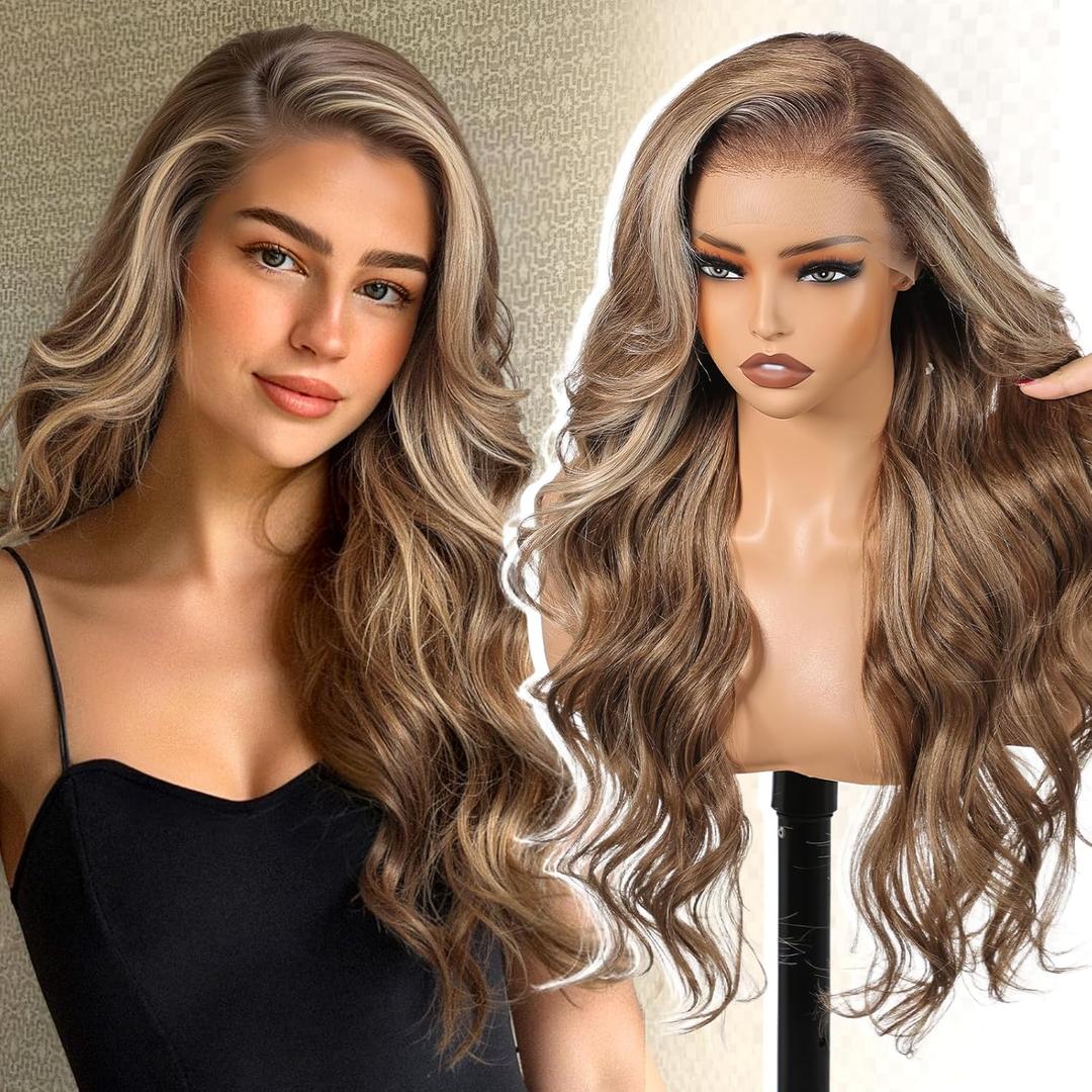 Ash Brown Highlight Synthetic Lace Front Wig,136 Balayage Curly Meshless Glueless Wigs for Women Daily Use 26IN#TT6/166
