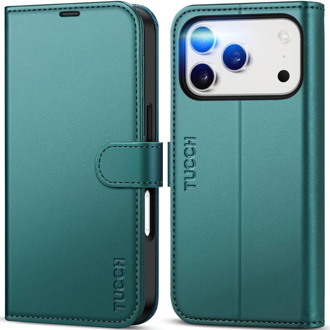 TUCCH Wallet Case for iPhone 17 Pro (6.3") 2025, 4 Card Holders | RFID Blocking | Stand | Shockproof TPU Shell | PU Leather | Magnetic Closure | Protective Flip Folio Cover | Bluish Green