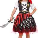 Kids Pirate Costume Girls Deluxe Buccaneer Dress Set for Halloween Party Dress Up, 5-7yrs