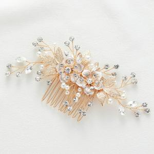 SWEETV Flower Bride Wedding Hair Comb Pearl Bridal Crystal Leaf Gold Headpiece Rhinestones Handmade Jewelry for Women and Girls