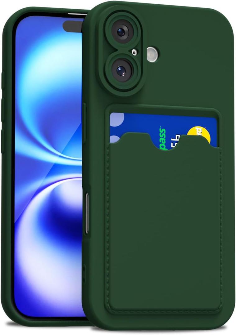 for iPhone 16 Case with Card Holder Slim, Thin Silicone Wallet Phone Case with Credit Card Slot for Women Men, Soft Rubber Gel TPU with Pocket Shockproof Camera Cover, Dark Green