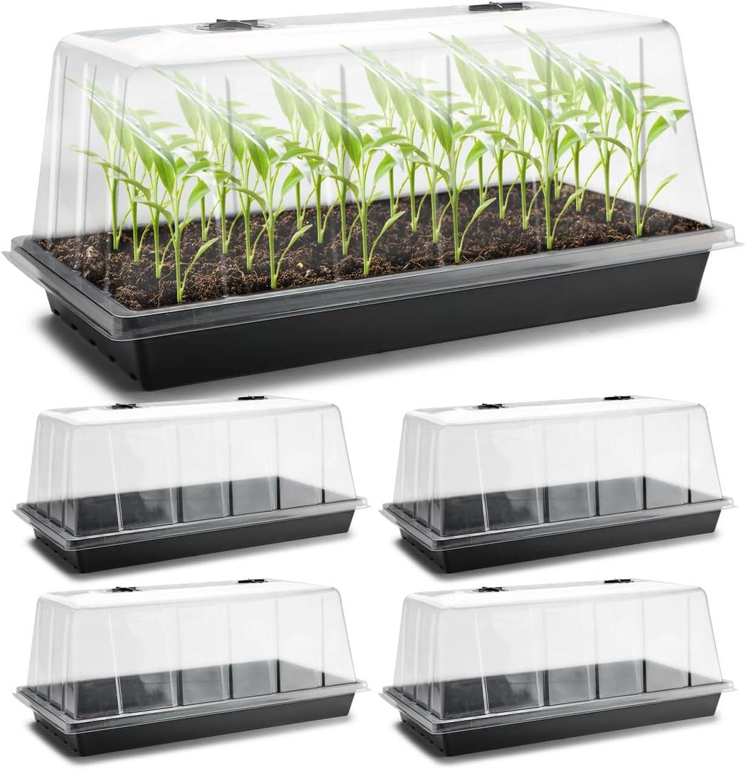 1020 Plant Tray with Tall 7.3'' Dome, 5set Extra Large Seed Starter Tray with Humidity Domes, Heavy Duty 1020 Trays and Flats with Lid, Seed Germination Mini Greenhouse No Hole for Balcony Garden
