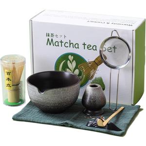Japanese Matcha Set 7pcs - Ceramic Bowl & Hyaku Hon Tachi Bamboo Whisk (Chasen), Chashaku Spoon, Strainer, Cloth - Traditional Tea Ceremony Kit