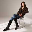 ISNOM Knee High Boots Women Chunky Low Heel Square Toe Elastic Boots Side Zipper Faux Leather Fall Long Tall Boot (8.5, Black-block Heels)