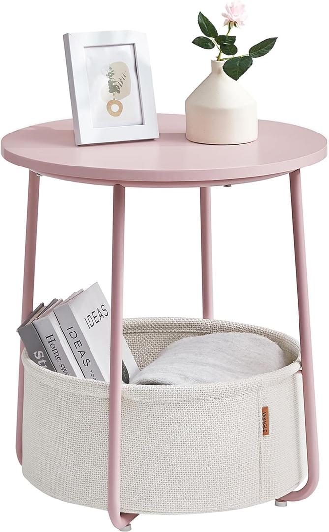 VASAGLE LILEA Collection - Small Round Side End Table, Modern Nightstand with Fabric Basket, Jelly Pink and Cream White ULET223R61