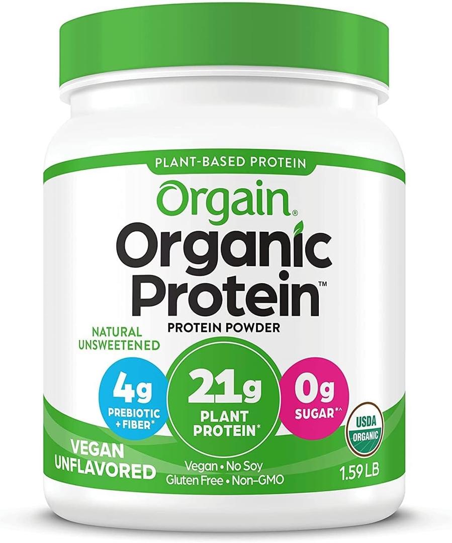 Orgain Organic Vegan Protein Powder, Natural Unsweetened - 21g of Plant Protein, 4g Prebiotic Fiber, Low Net Carbs, No Lactose Ingredients, No Added Sugar, Non-GMO, For Shakes & Smoothies, 1.59 lb (0.91 Ounce (Pack of 1))