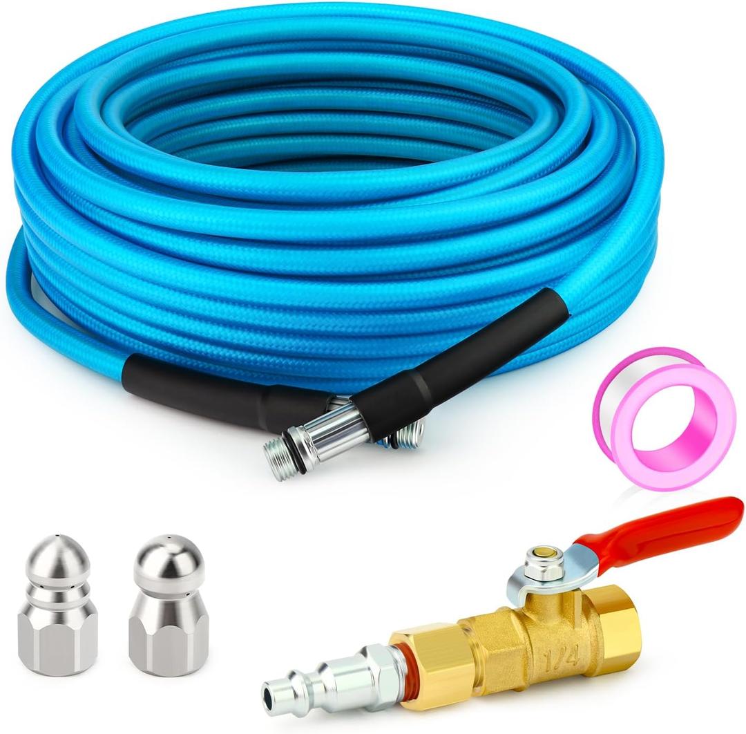 GASHER 66feet Home Dryer Vent Duct Cleaning Kit, 2 Jetter Nozzle, 1/4" NPT Ball Valve, 1/4" NPT Air Plug, 1/4"NPT Reducer Adapter