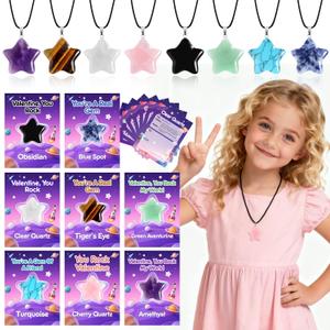 Valentines Day Cards Gifts for Kids School, 24 Pack Star Gem Necklaces Valentines Goodie Bags for Classroom Valentine Exchange Party Favors Crystal Rock Stone Pendants for Girls Boys Class